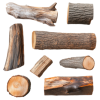 A collection of various types of old wood logs arranged on a transparent background showcasing, Different types of old wood logs transparent background. Wooden log isolated on transparent background png