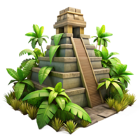 dramatic minimalist A Mayan pyramid temple, overgrown with jungle vegetation, dappled sunlight, ancient and mysterious atmosphere authentic png