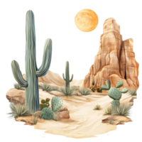 A vibrant desert landscape featuring cacti and rocky formations under a bright sun, Desert Landscape on transparent background png