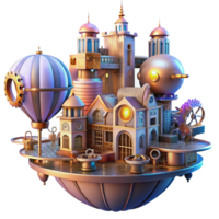 stunning abstract A steampunk cityscape with flying machines and intricate architecture, cogs and gears visible, illuminated by a vibrant, futuristic light premium png