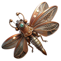elegant traditional A steampunk dragonfly with delicate, filigree wings made of gears and cogs, hovering in mid-air, illuminated by a single spotlight high quality png