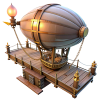 stunning contemporary A steampunk airship docking at a floating platform, intricate rigging and gangplanks, illuminated by a soft, twilight light detailed png