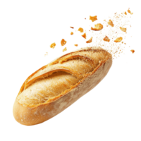 Freshly baked baguette with falling crumbs isolated on a transparent background, Freshly Baked Baguette with Falling Crumbs Isolated on transparent background png