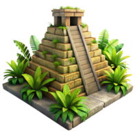 dramatic contemporary A Mayan pyramid overgrown with jungle vegetation, dappled sunlight, ancient style, weathered textures, authentic png