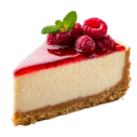 Delicious slice of raspberry cheesecake topped with fresh berries on a clean transparent background showcasing its creamy texture and crust, cheesecake isolated on transparent background png