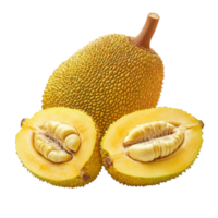 Fresh jackfruit cut open, showcasing vibrant yellow flesh and seeds against a clean transparent background, jackfruits on transparent background png