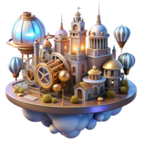 impressive classic A steampunk cityscape with flying machines and intricate architecture, cogs and gears visible, illuminated by a vibrant, futuristic light exclusive png