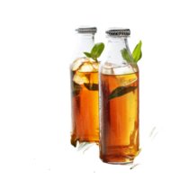 Refreshing iced tea and green tea bottles with herbs on a clean transparent background, bottle of ice tea and green tea on transparent background png