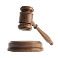 Wooden gavel resting on its base isolated against a clean transparent background for legal and judicial contexts, wooden gavel isolated on transparent background png