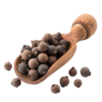 A wooden scoop filled with fresh allspice berries on a transparent background, Allspice berries also called Jamaican pepper or newspice on transparent background png
