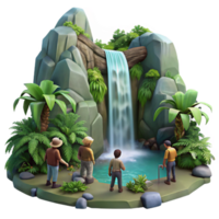 extraordinary vintage A group of adventurers discovering a hidden waterfall in a lush jungle, dappled lighting, digital painting high resolution png