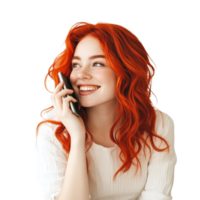 Happy redhead smiling while talking on the phone against a minimalistic transparent background, Smiling Redhead with Phone on transparent background png