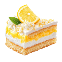 Delicious lemon coconut cake slice with creamy layers and fresh lemon garnish on a transparent background, lemon coconut cake isolated on transparent background png