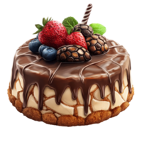 Delicious turtle cake drizzled with chocolate syrup and topped with fresh fruits on a clean transparent surface, Isolated turtle cake with chocolate syru png