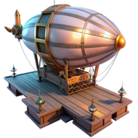 magnificent vintage A steampunk airship docking at a floating platform, intricate rigging and gangplanks, illuminated by a soft, twilight light original png