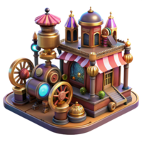beautiful rustic A bustling steampunk marketplace filled with intricate clockwork contraptions and bizarre inventions, vibrant colors, warm, inviting lighting genuine png