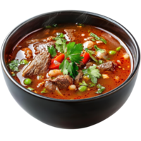 Delicious spicy beef soup served in a black bowl, garnished with herbs and vegetables against a transparent background, spicy beef soup isolated on transparent background png