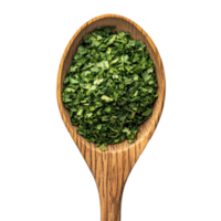 Dried parsley resting in a wooden spoon against a clean transparent background with a touch of elegance, Dried parsley in wood spoon on a transparent background png
