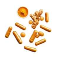 Turmeric powder and capsules scattered on a transparent background highlighting natural supplements for health, turmeric and capsules on transparent background png