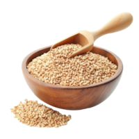 Fresh sesame seeds in a wooden bowl with a scoop on a clean transparent background, Sesame in wood bowl and scoop isolated on transparent background png