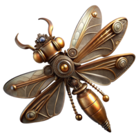 magnificent rustic A steampunk dragonfly with delicate, filigree wings made of gears and cogs, hovering in mid-air, illuminated by a single spotlight high quality png