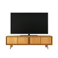 Modern wooden frame TV mockup displayed on a stylish console with clean lines in a bright space, modern TV mockup with wooden frames, file of isolated object with shadow on transparent background png