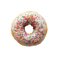 Colorful sprinkles adorn a frosted donut on a simple transparent background, donut on transparent background png