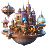 serene vintage A steampunk cityscape with flying machines and intricate architecture, cogs and gears visible, illuminated by a vibrant, futuristic light authentic png