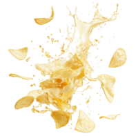 Potato chips splashing in water creating a dynamic and vibrant visual of snack time fun, Potato chips splashing isolated png