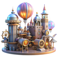 impressive classic A steampunk cityscape with flying machines and intricate architecture, cogs and gears visible, illuminated by a vibrant, futuristic light authentic png