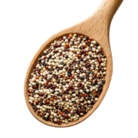 Mixed raw quinoa grain piled in a wooden spoon against a transparent background, Pile of mixed raw quinoa, grain in wood spoon isolated on transparent background png