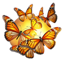 impressive rustic A swarm of monarch butterflies migrating through a sunbeam, vibrant colors, impressionist style exclusive png