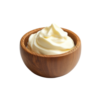 Delicious creamy yoghurt served in a rustic wooden bowl on a clean transparent background, Yoghurt in wood bowl on transparent background png