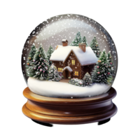 A charming Christmas snow globe featuring a snowcovered house surrounded by frosted trees under a falling snow backdrop, Christmas Snow Globe with SnowCovered House Isolated on transparent background png