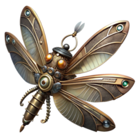 elegant contemporary A steampunk dragonfly with delicate, filigree wings made of gears and cogs, hovering in mid-air, illuminated by a single spotlight genuine png