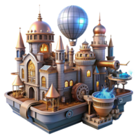 impressive abstract A steampunk cityscape with flying machines and intricate architecture, cogs and gears visible, illuminated by a vibrant, futuristic light detailed png