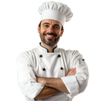 A friendly chef smiles with arms crossed, showcasing his professional attire against a light background, chef portrait, friendly smiling arms crossed, transparent background png