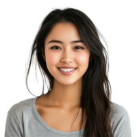 A joyful Asian girl smiling warmly at the camera in a bright indoor setting during daytime, Happy beautiful Asian girl looking at camera and smiling isolated on transparent background png