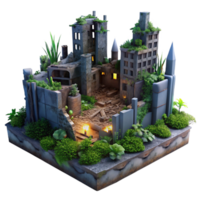 impressive artistic A post-apocalyptic ruined city, overgrown with vegetation, dim twilight lighting, desolate and haunting style detailed png