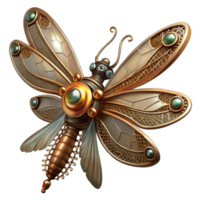 wonderful contemporary A steampunk dragonfly with delicate, filigree wings made of gears and cogs, hovering in mid-air, illuminated by a single spotlight professional png