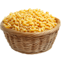 Dry macaroni pasta in a woven basket against a clean transparent background ready for cooking or culinary projects, dry macaroni in the basket on transparent background png