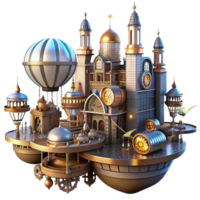 wonderful vintage A steampunk cityscape with flying machines and intricate architecture, cogs and gears visible, illuminated by a vibrant, futuristic light 4K png