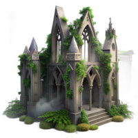 dramatic abstract A crumbling Gothic cathedral overgrown with ivy, volumetric fog, moonlight, desaturated colours, photorealistic high quality png