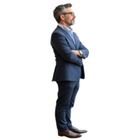 Profile view of a corporate businessman in a tailored suit standing confidently with arms crossed, showcasing professionalism and poise, Corporate businessman standing side view file no background png