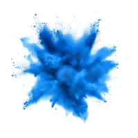 Blue powder explosion creating vibrant clouds on a transparent backdrop, blue color powder pulver explosion isolated on transparent background png