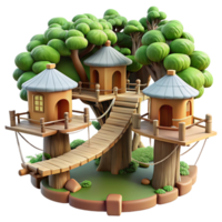 stunning modern A treehouse village interconnected by rope bridges, dappled forest light, whimsical and adventurous style high resolution png