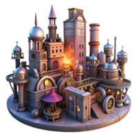 stunning artistic A steampunk cityscape with towering clockwork buildings and intricate aerial walkways, illuminated by a vibrant, multicolored sunset high quality png