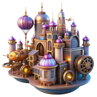 beautiful minimalist A steampunk cityscape with flying machines and intricate architecture, cogs and gears visible, illuminated by a vibrant, futuristic light authentic png
