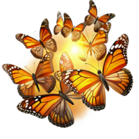 magnificent artistic A swarm of monarch butterflies migrating through a sunbeam, vibrant colors, impressionist style exclusive png