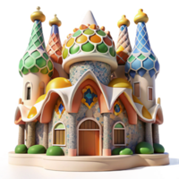 impressive abstract A Gaudi-inspired building with colorful mosaics, organic shapes, whimsical architecture, sunny day, digital painting, high quality png